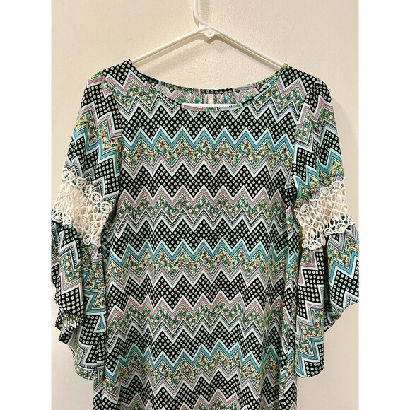 Trinity Womens Green Floral and Geometric Print Bell Sleeve Shift Dress - Small - Picture 7 of 9